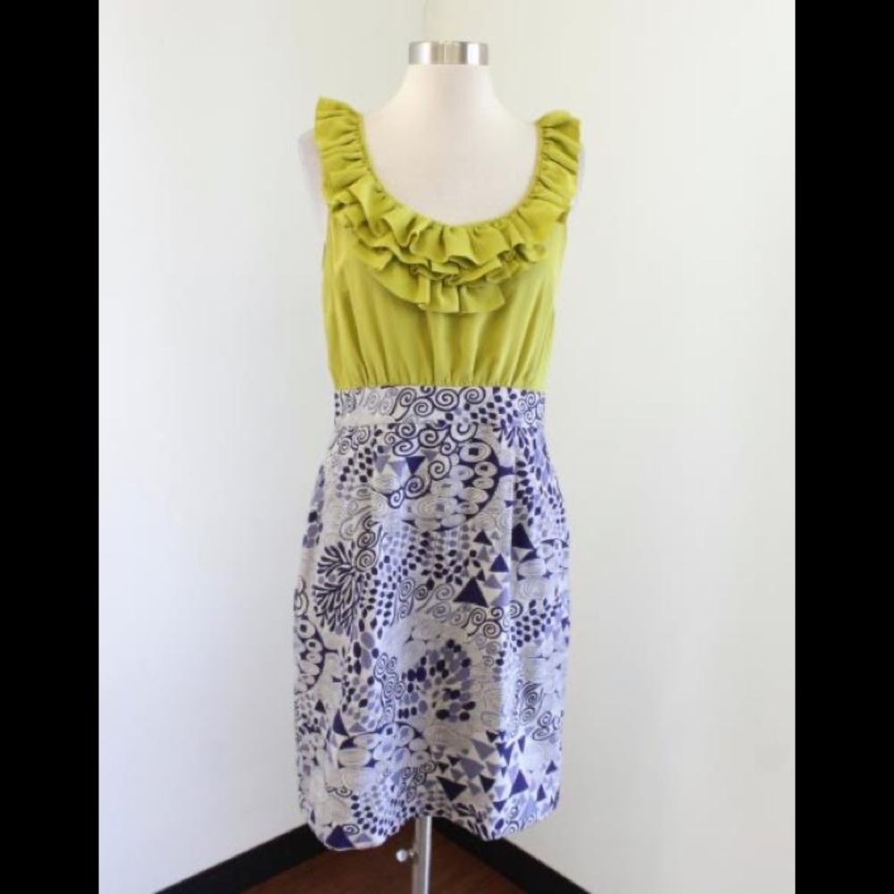 Anthropologie Maeve 8 Seaside Field Silk Green & Purple Dress Ruffle Neck.